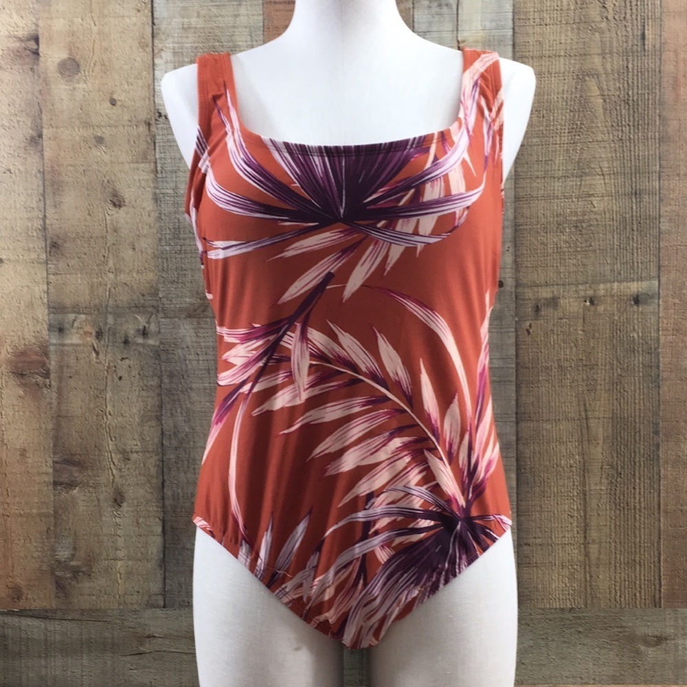 Kona Sol Tropical Orange Purple One‎ Piece Swimsuit Womens Large Keyhole Back
